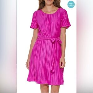 DKNY Women's Hot Pink Fuchsia Jersey Pleated Midi Cocktail Dress Size 14